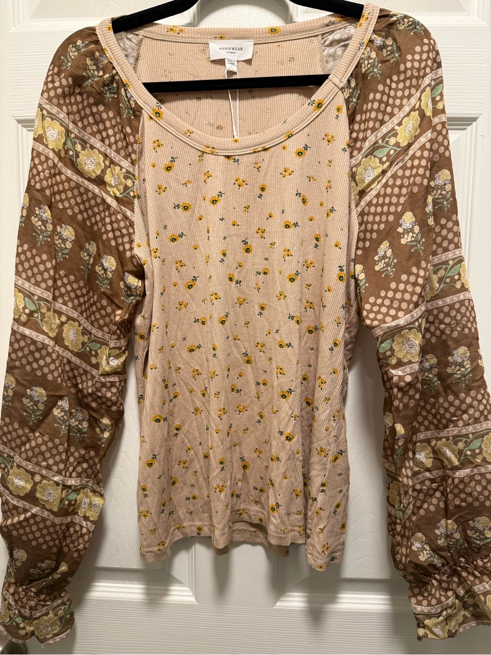 Annie Wear Size LG Floral Patchwork Long-Sleeve Top in Beige and Brown